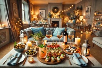 Una tavola di cibo e vino